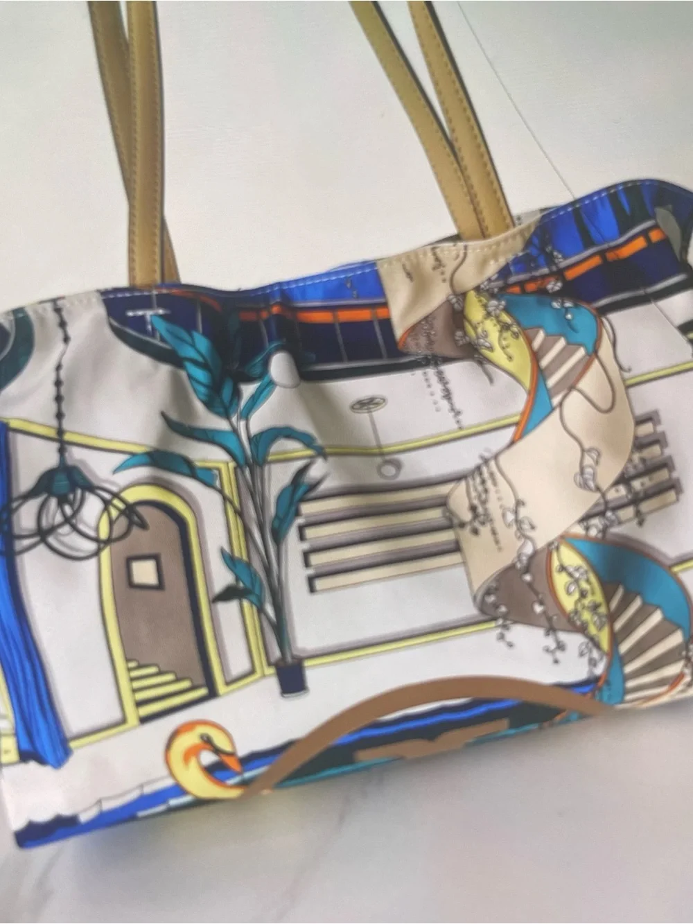 Blue & White Patterned Drawstring Shoulder Bag with Tan Strap